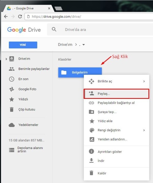 gmail drive dosya paylaşma