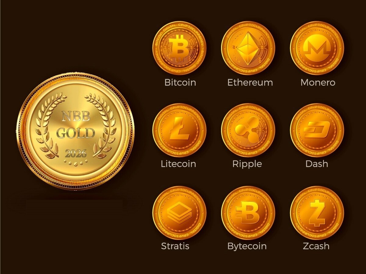 golden cryptocurrency coin icons set vector2