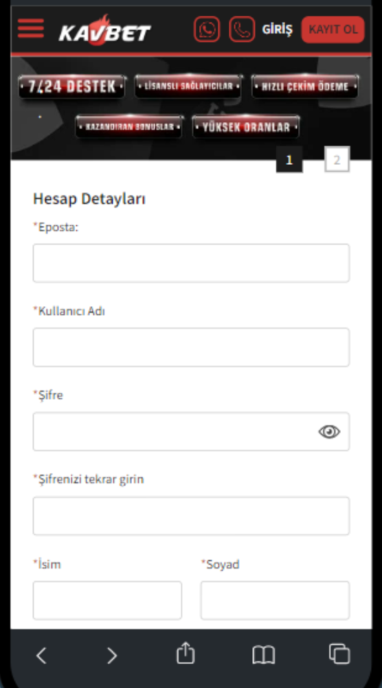 Kavbet mobil kayıt ekranı: hesap detayları formu ve üst menü