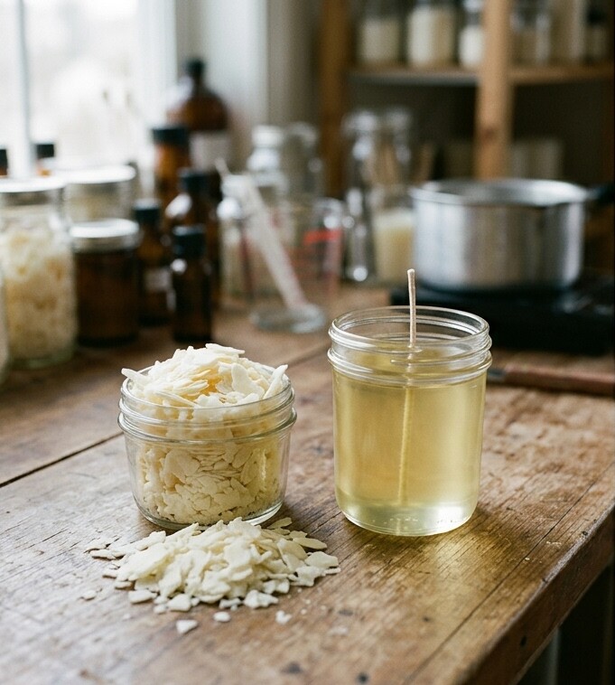 Glass ceramic and concrete covered soy candles comparison for home decoration