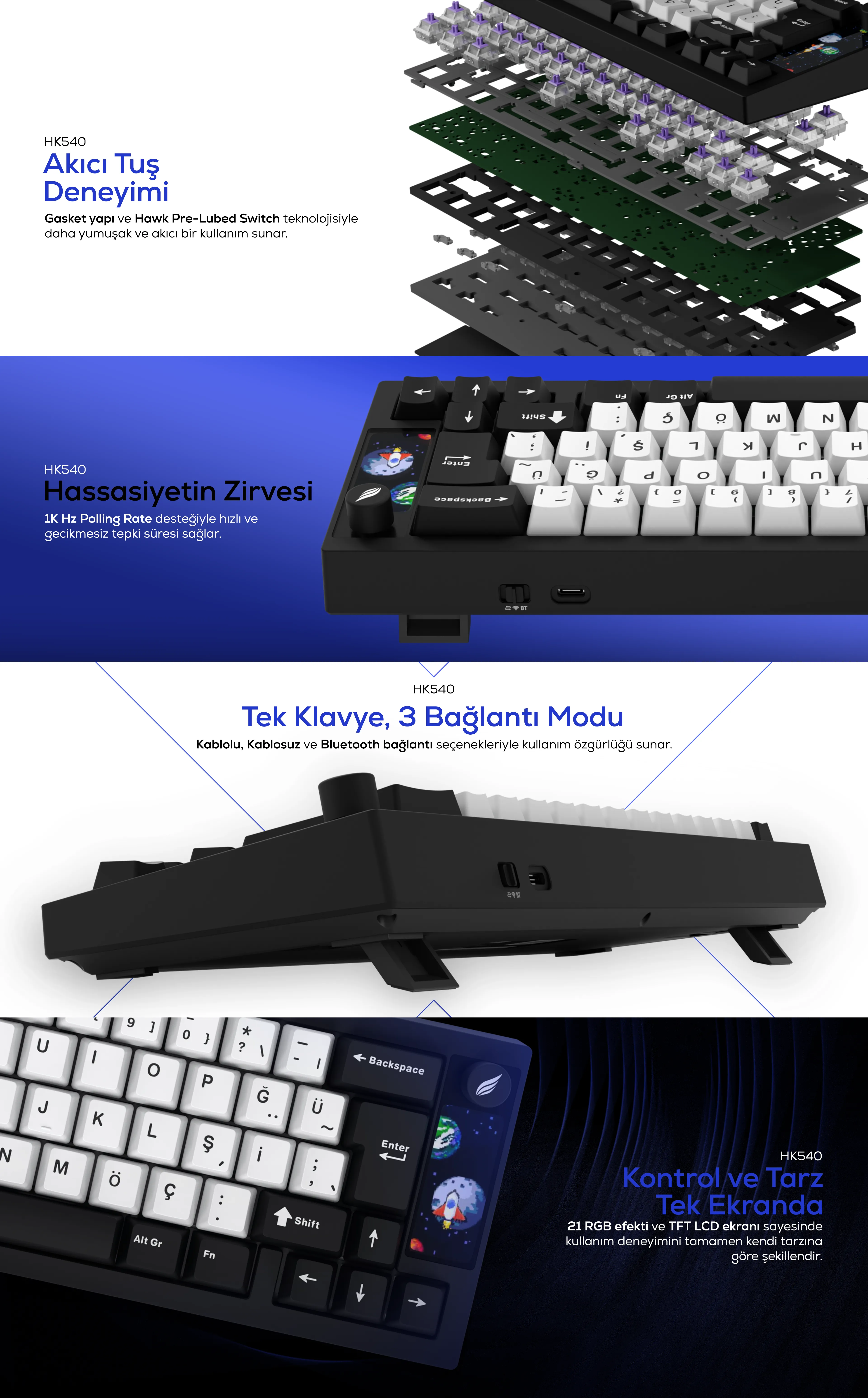 Hawk HK540 Mekanik Prelubed Switch Hot Swap RGB Kablosuz/Bluetooth Full Türkçe Gaming Klavye