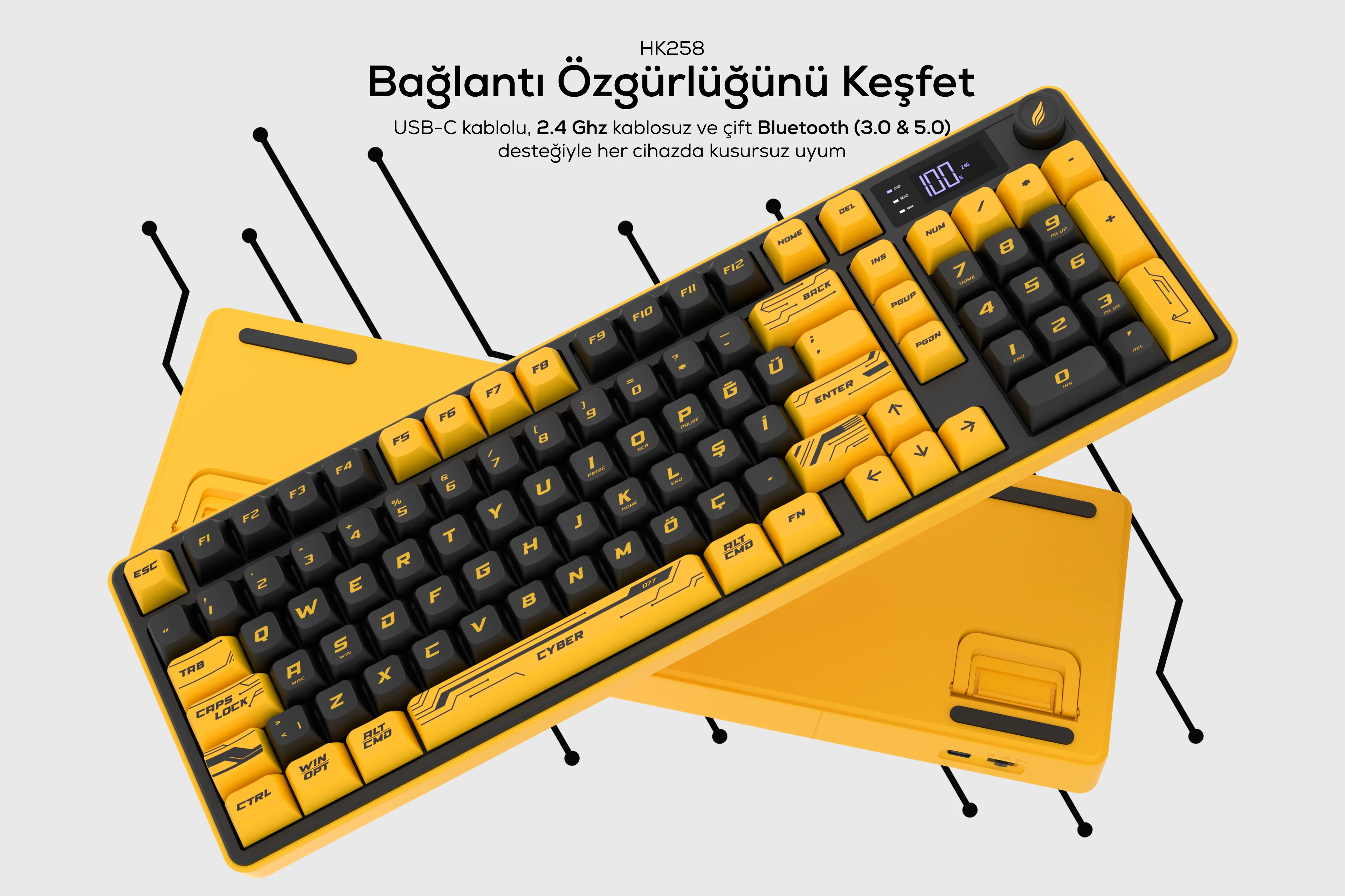 Hawk Gaming HK258 Membrane LCD RGB Kablosuz/Bluetooth Cyber Sarı Siyah Full Türkçe Gaming Oyuncu Klavye