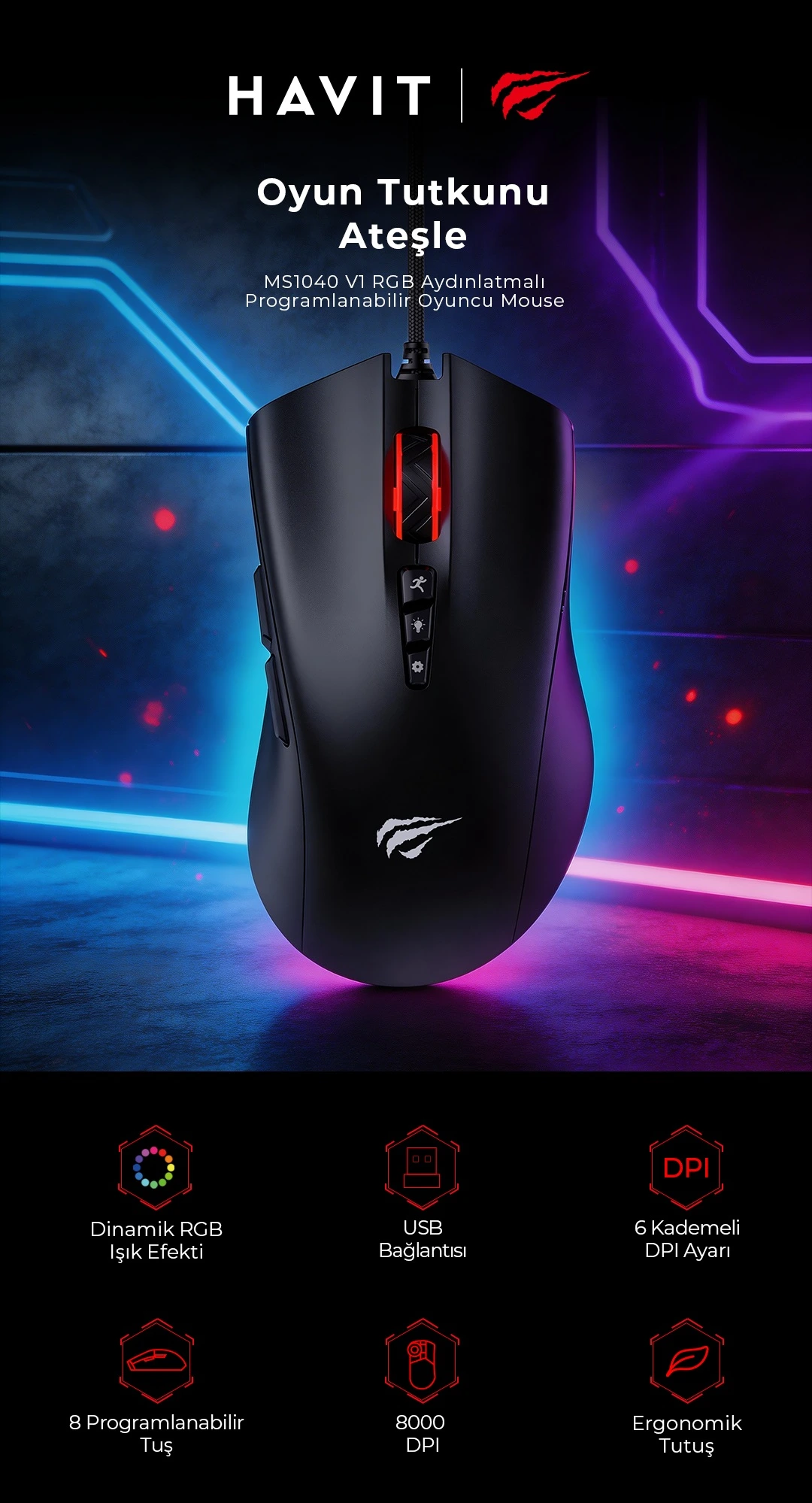 Havit MS1040 RGB Programlanabilir Beyaz Gaming Oyuncu Mouse