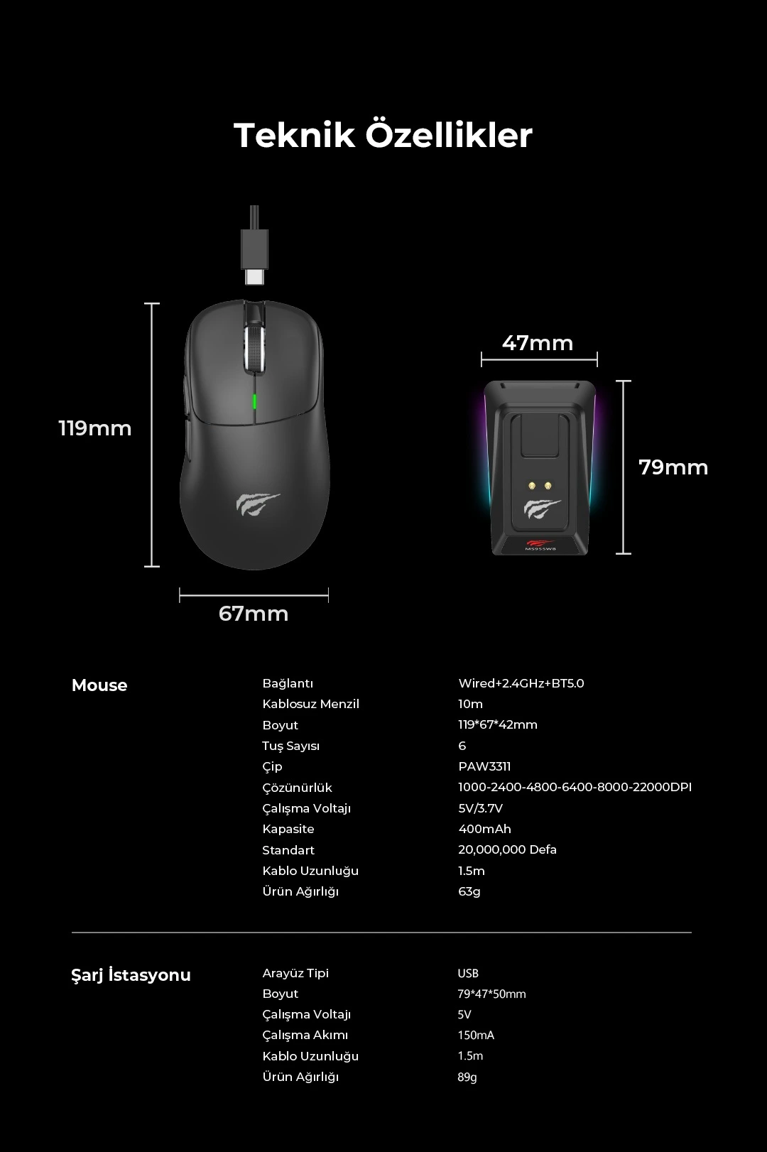 Havit Gamenote MS955WB RGB Wireless Gaming Mouse 3 Modlu + Şarj İstasyonu Ekranlı - Beyaz