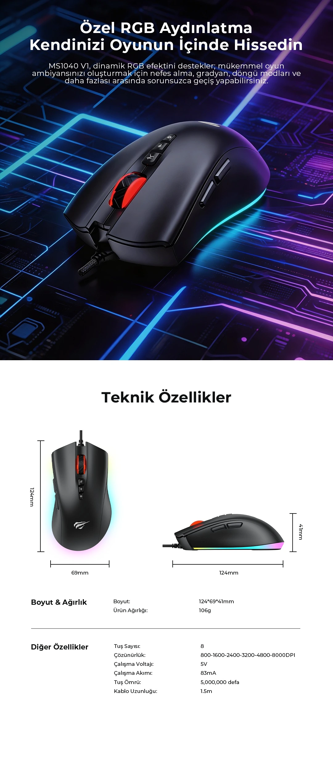 Havit MS1040 Beyaz Oyuncu Mouse Tasarım Detayları ve Özellikleri