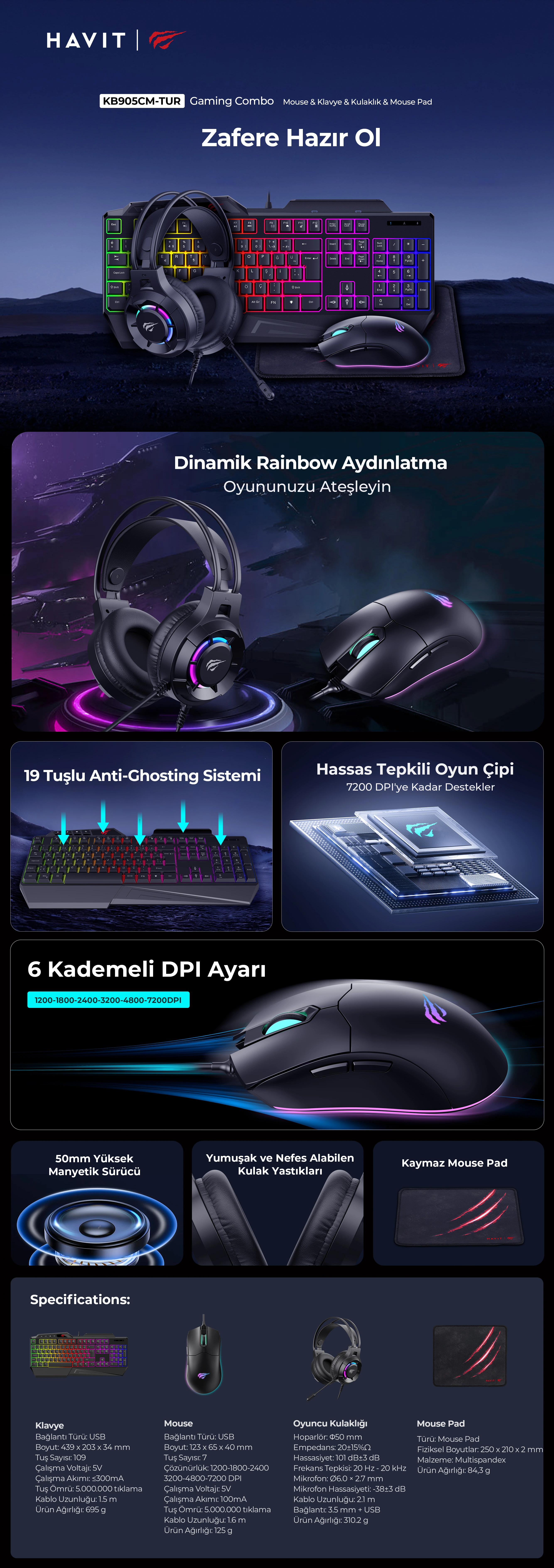 Havit Gamenote KB905CM-TUR 4'lü Gaming Set – Klavye, Mouse, Kulaklık, Mousepad – Rainbow Aydınlatma, Türkçe Q, 3.5mm Jack, PC Uyumlu