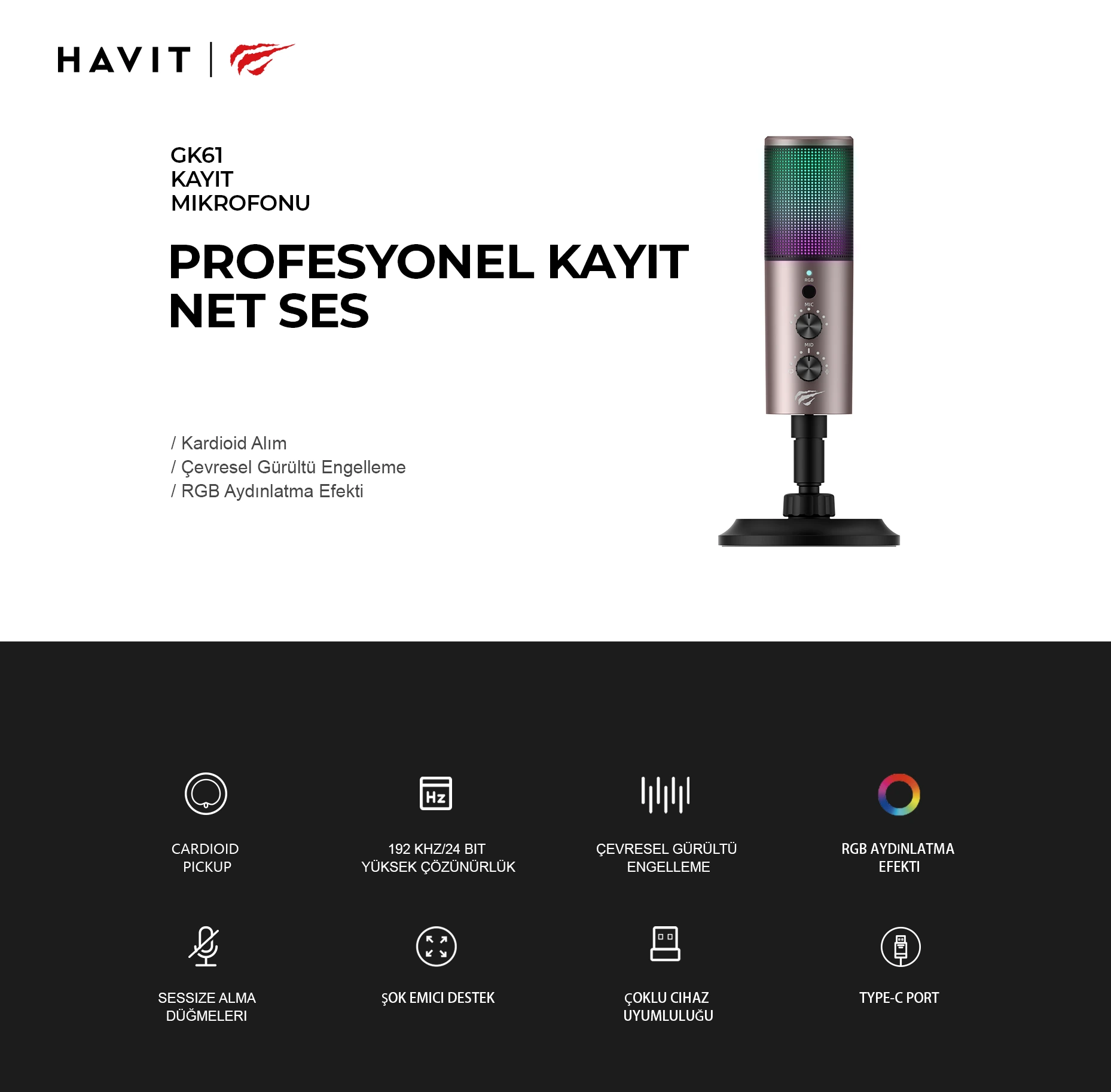 Havit Gamenote GK61 RGB Gaming Profesyonel Oyuncu ve Yayıncı Mikrofonu