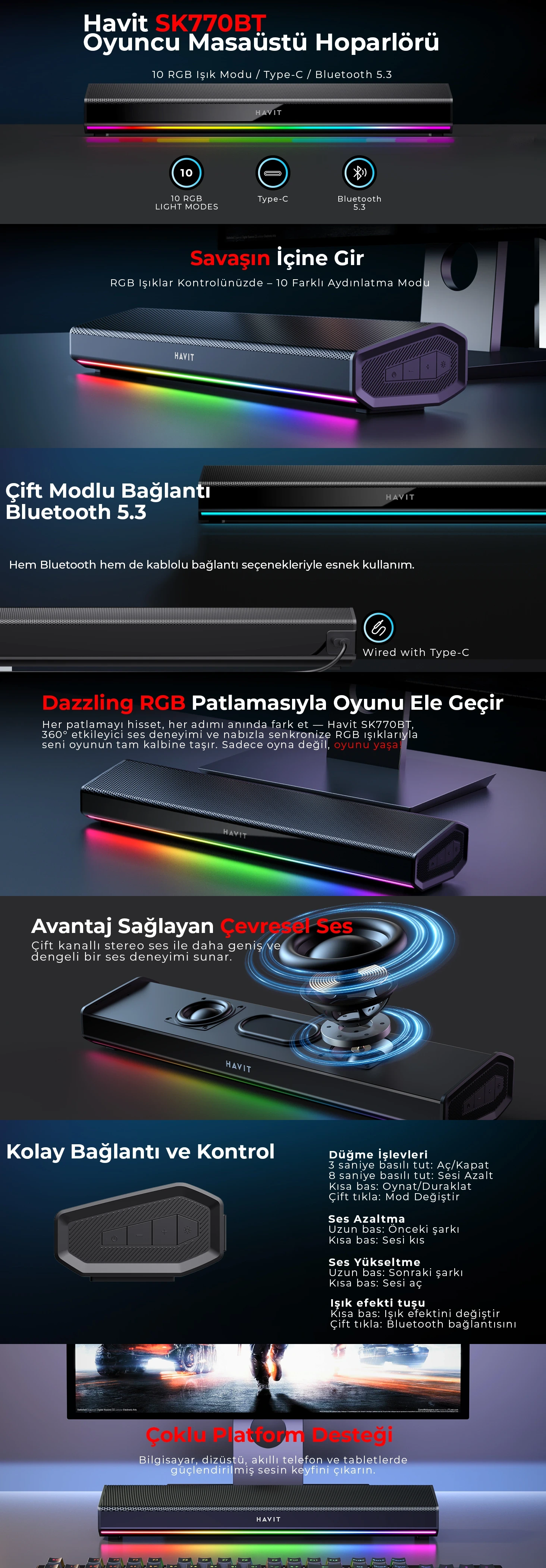 Havit Gamenote SK770BT RGB Bluetooth Masaüstü Oyuncu Hoparlörü BT 5.3 Bağlantı