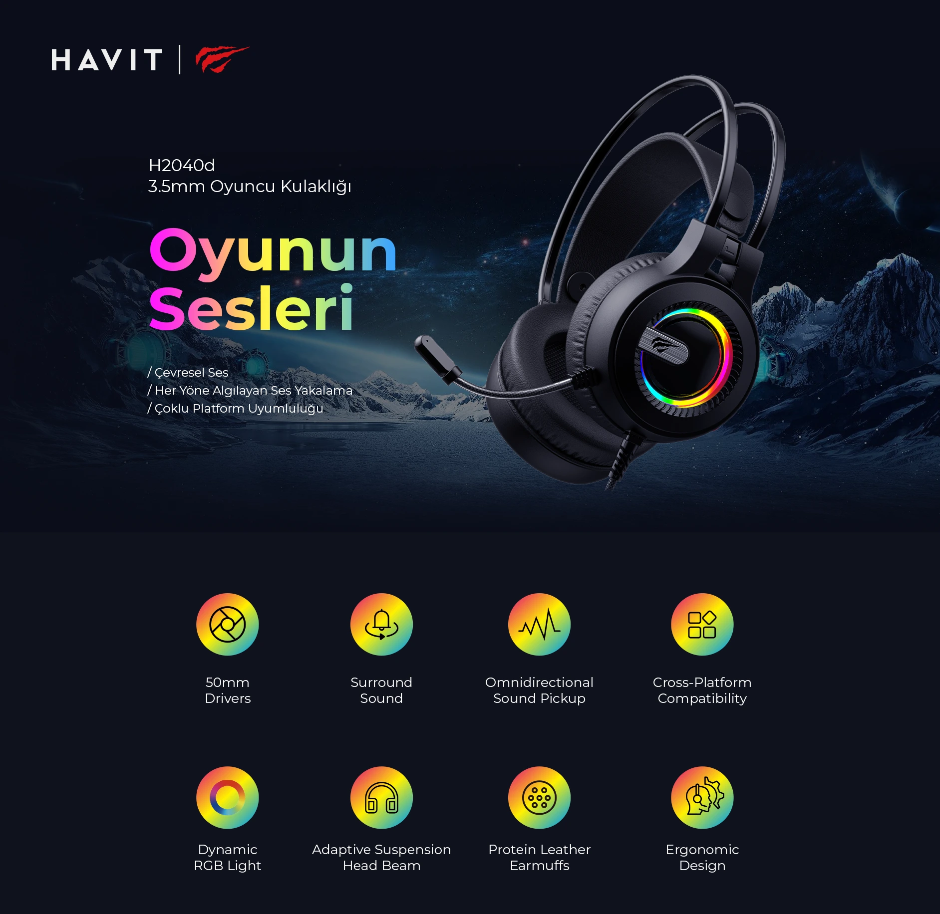 Havit Gamenote H2040D Beyaz RGB Oyuncu Kulaklığı