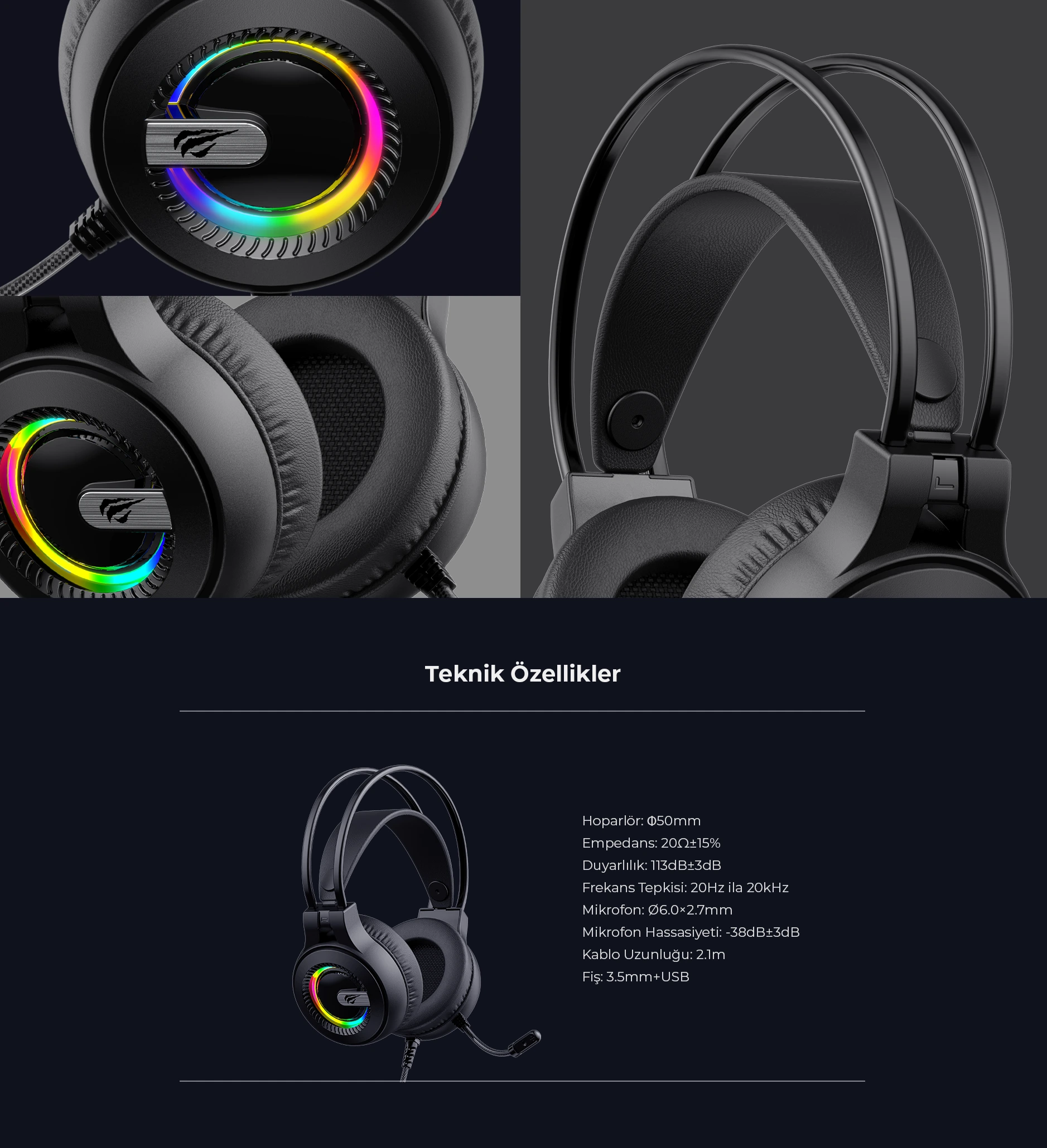 Havit Gamenote H2040D RGB Gaming Kulaklık Beyaz Tasarım Detayları