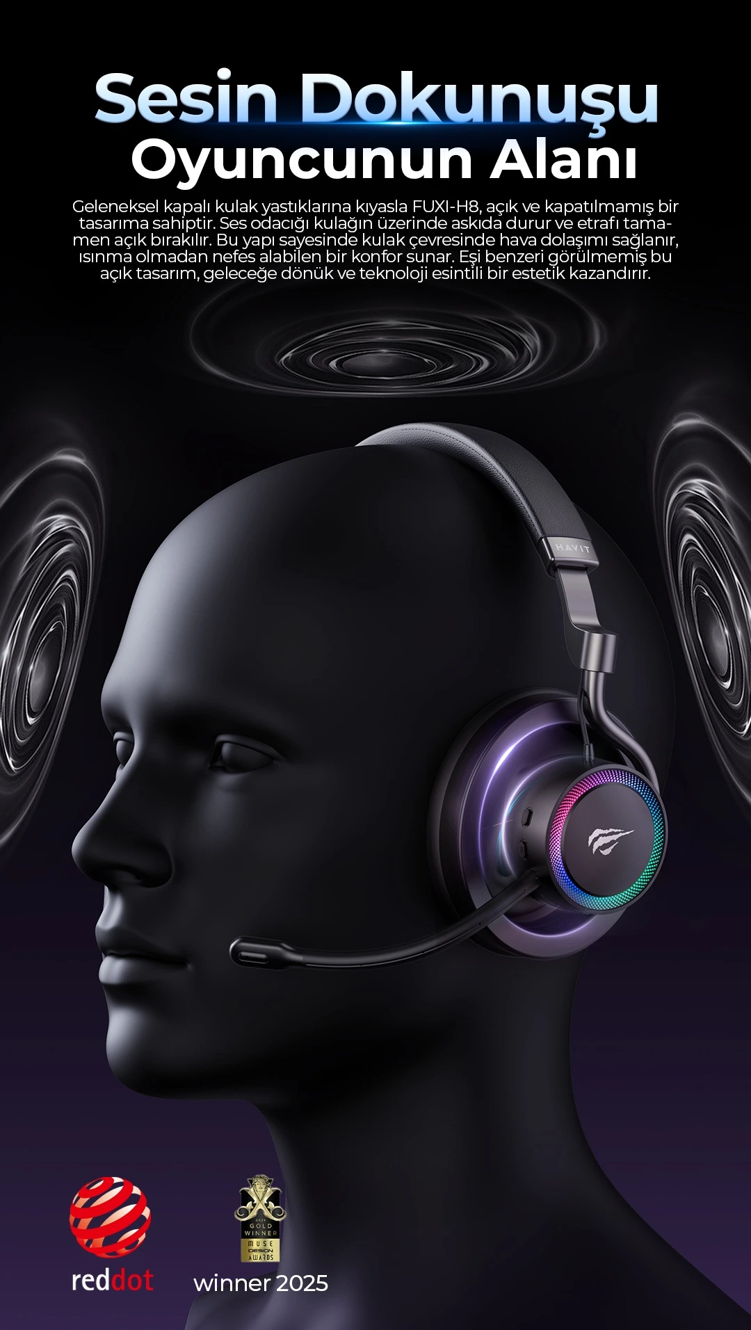 Havit Fuxi-H8 açık tasarım ergonomik gaming kulaklık detayları