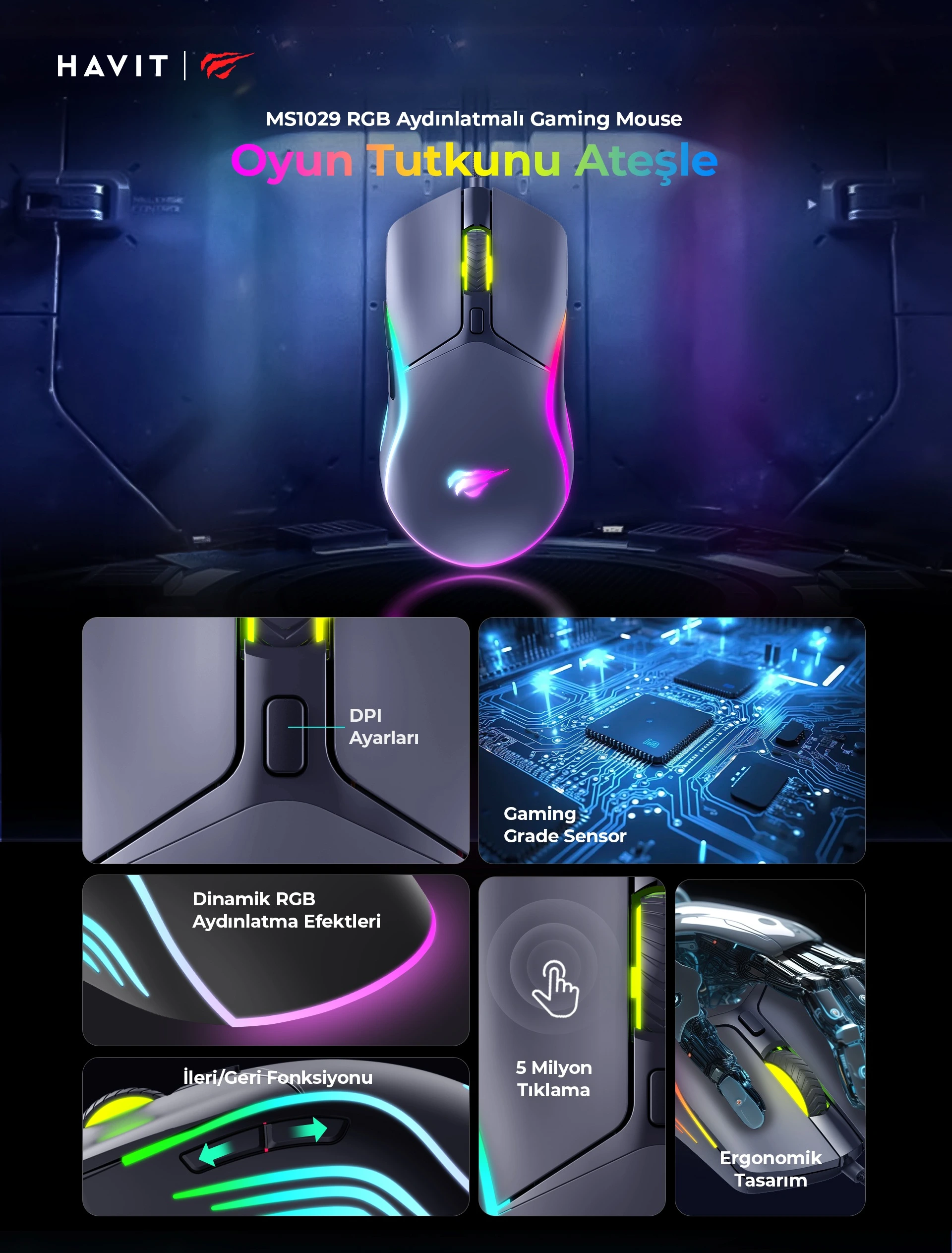 Havit Gamenote MS1029 7200 DPI RGB Gaming Oyuncu Mouse Siyah