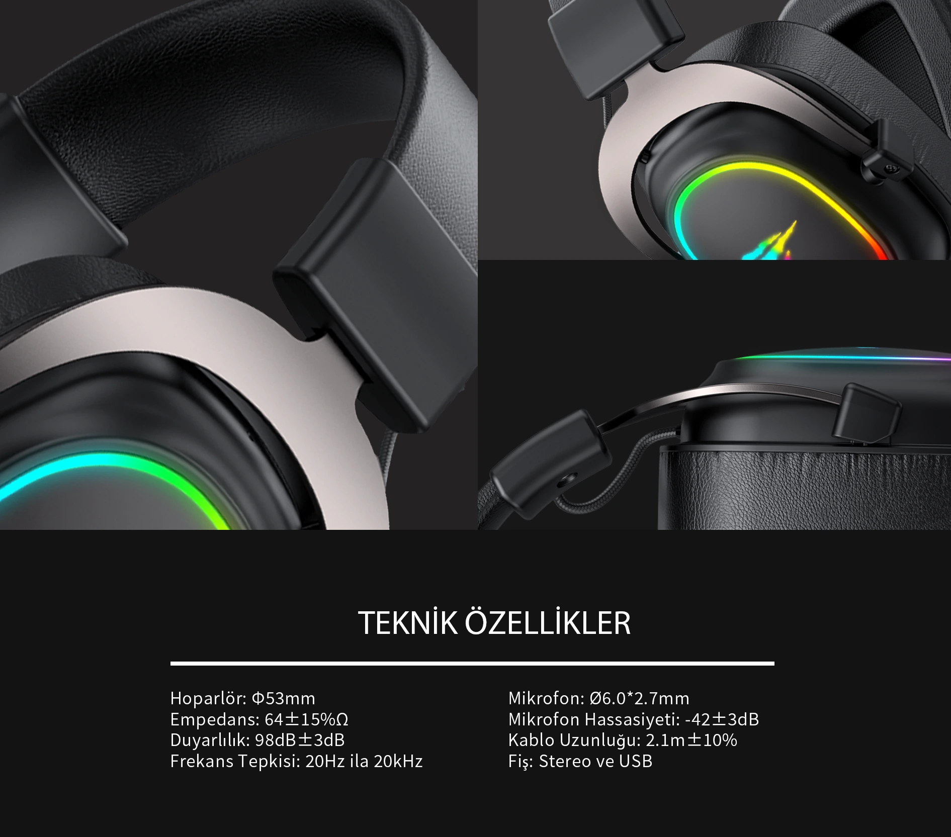 Havit Gamenote H2002P RGB 7.1 Siyah Gaming Oyuncu Kulaklığı Teknik Özellikleri ve Boyutları