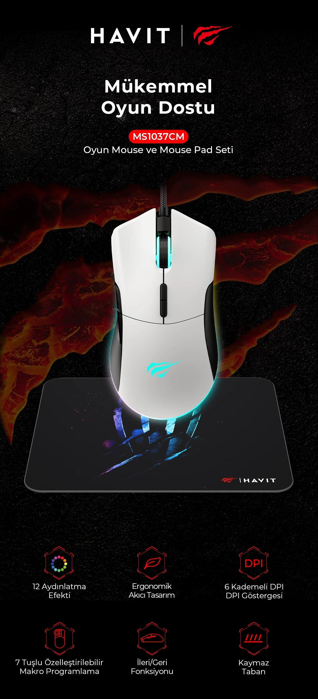 Havit Gamenote MS1037CM RGB Gaming Oyuncu Mouse ve Mouse Pad Siyah