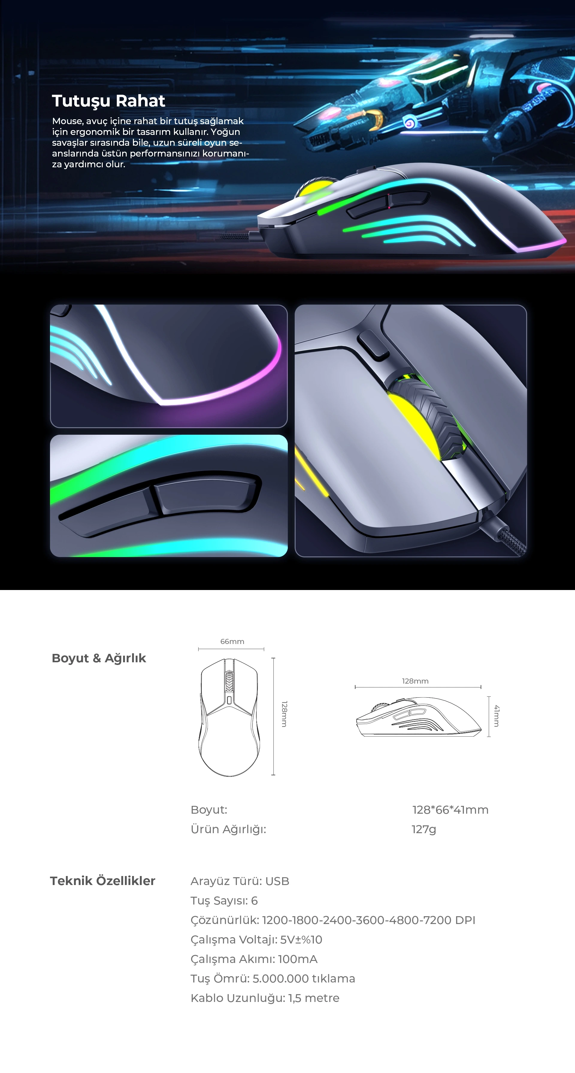 Havit Gamenote MS1029 Gaming Oyuncu Mouse Teknik Özellikleri ve Boyutları
