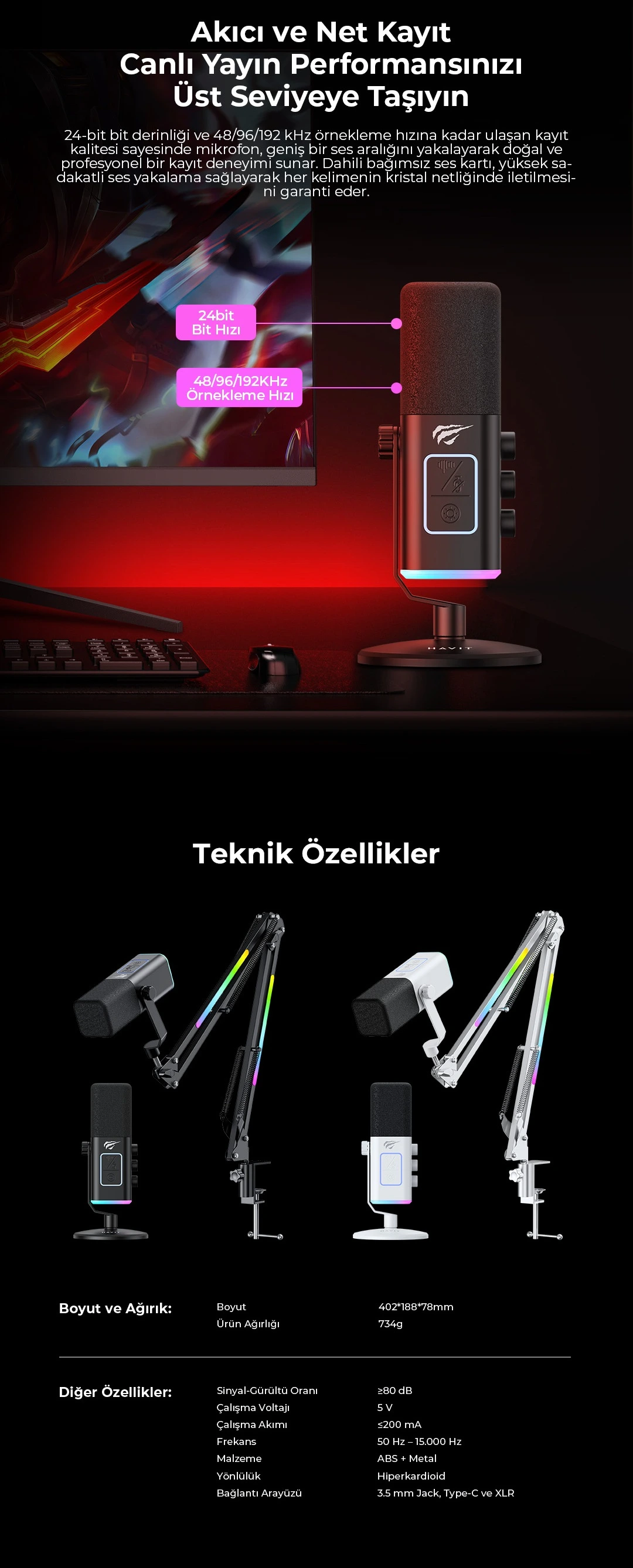 Havit Gamenote GK71 Pro RGB Yayıncı Mikrofonu, 24-Bit, 192kHz, XLR ve Type-C, Stantlı - Siyah
