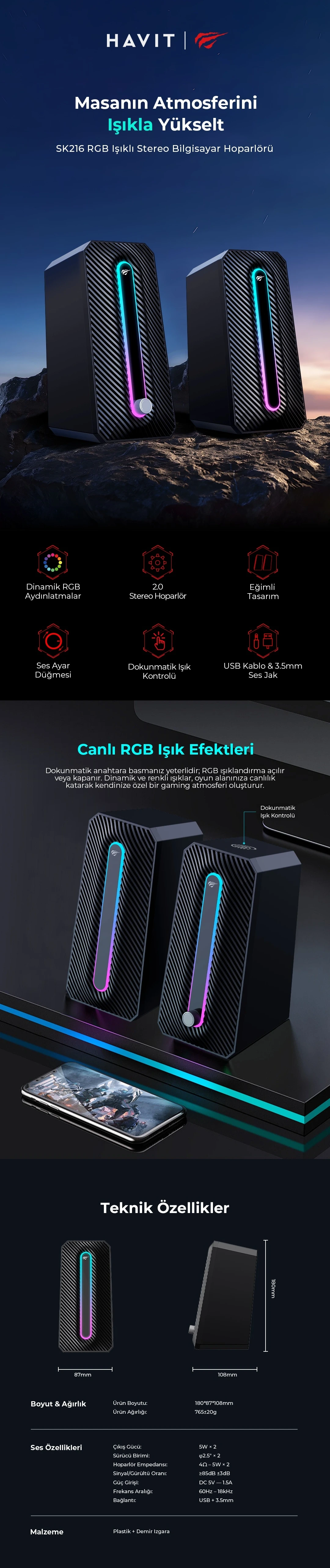 Havit SK216 RGB Işıklı Stereo Bilgisayar Hoparlörü – 5W×2, USB + 3.5mm, Dokunmatik Işık Kontrolü - Siyah