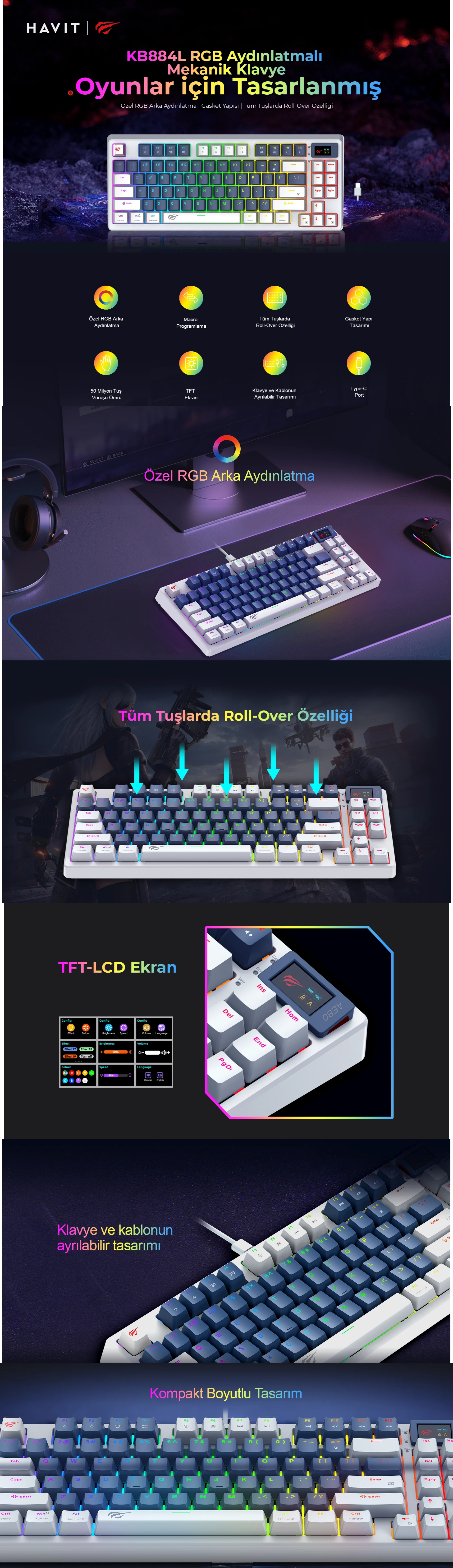HAVİT GAMENOTE KB884 RGB LCD EKRANLI BROWN SWITCH BEYAZ MEKANİK GAMİNG KLAVYE KKTC