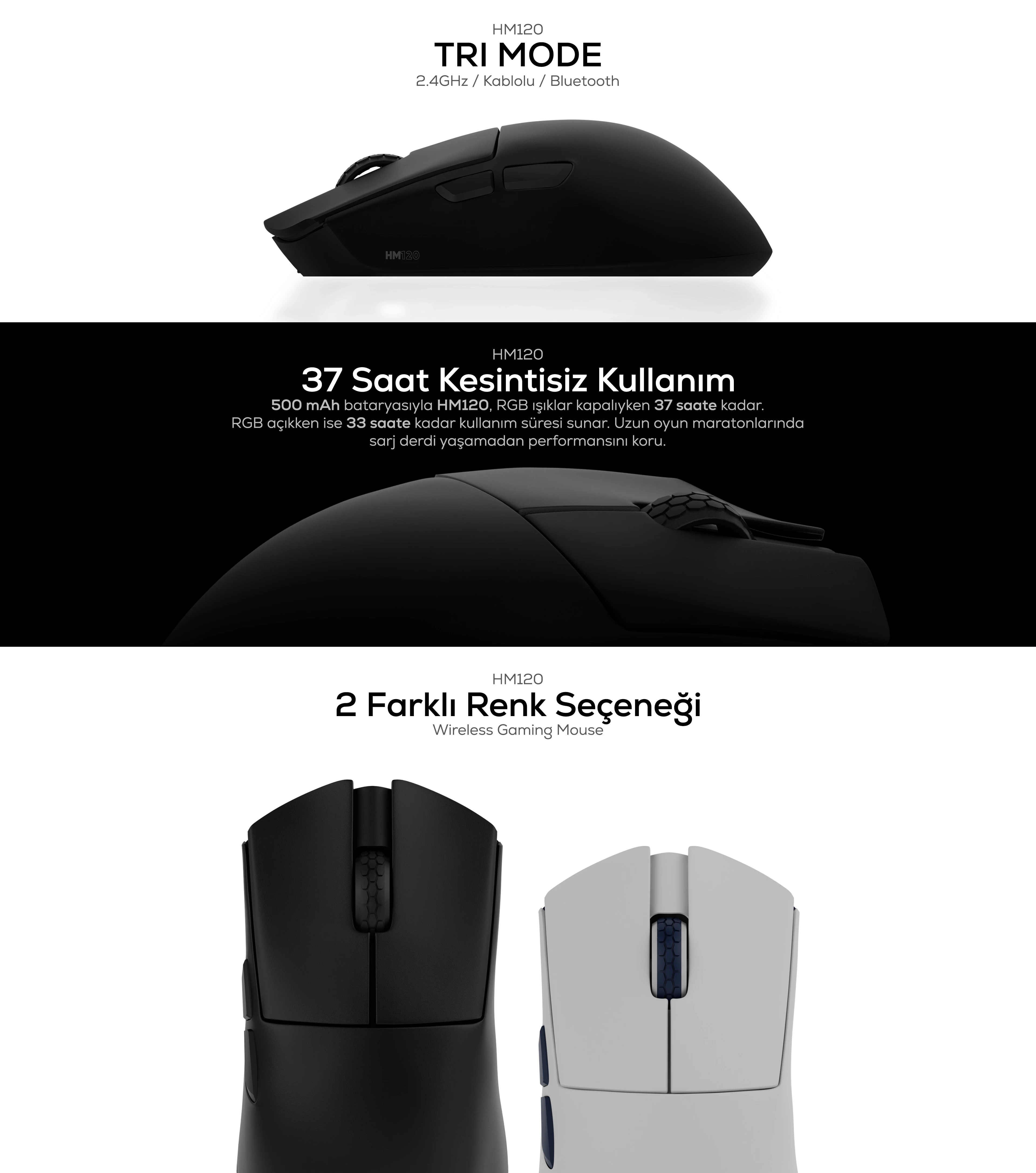 Hawk Gaming HM120 1K Hz 12500 DPI Tri-Mode Kablosuz/Bluetooth Siyah Gaming Mouse border=