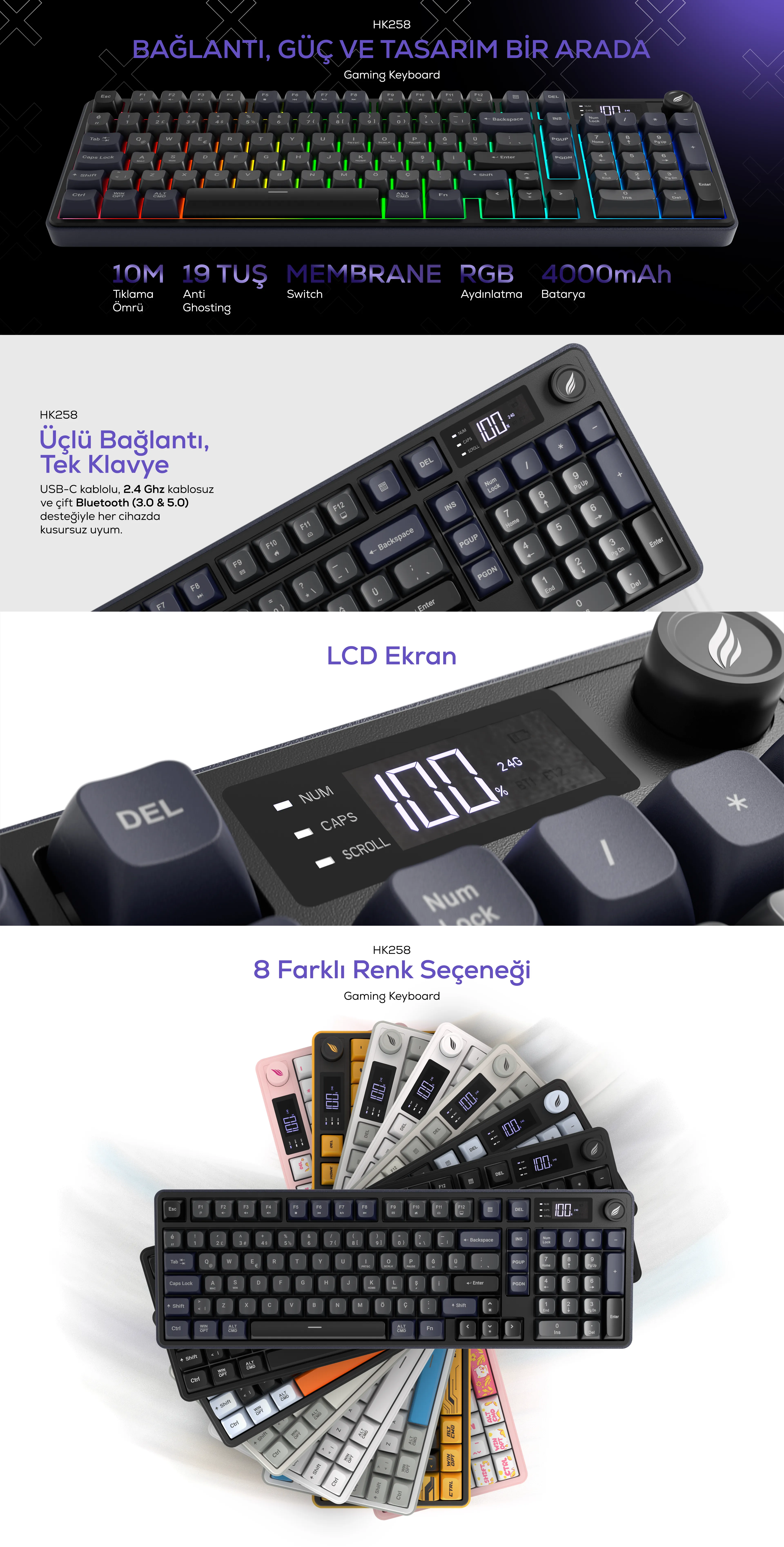 Hawk Gaming HK258 Membrane LCD RGB Kablosuz/Bluetooth Gri Mor Full Türkçe Gaming Oyuncu Klavye